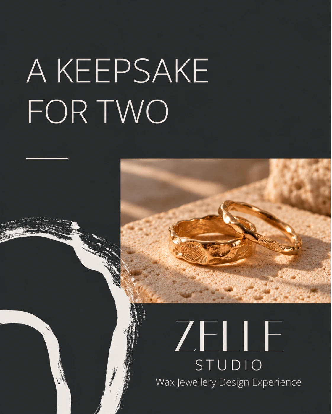 A keepsake for two: two sculptural gold rings on a Zelle Studio private workshop for two poster. Gold upgrades are available at extra cost.